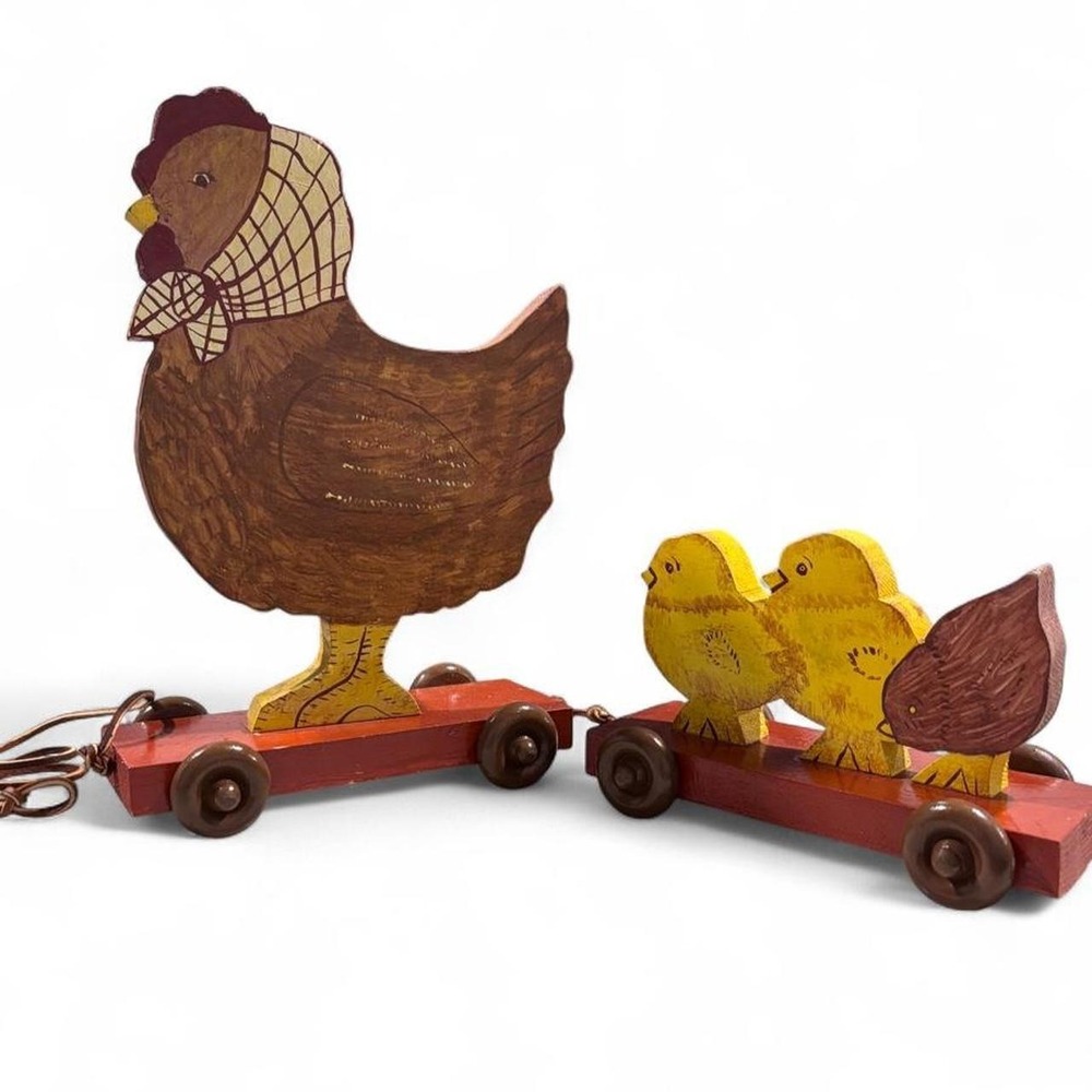 VINTAGE Handmade Primitive Wooden Chicken Pull Toy